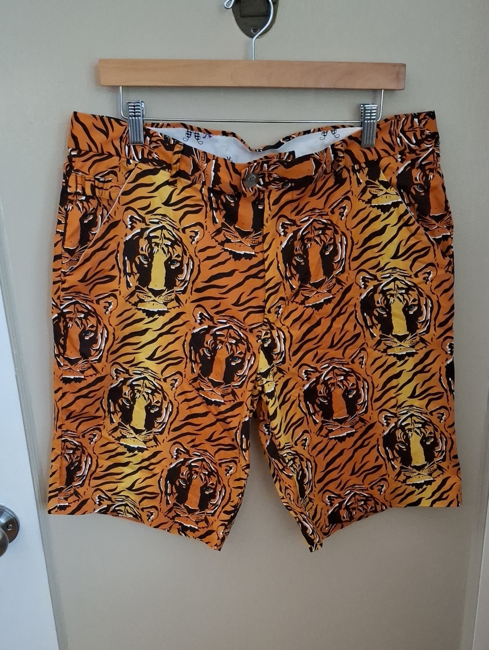 Royal & Awesome Men's Orange Tiger Print Golf Shorts_1